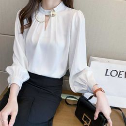 Spring White Shirt Long Sleeve Work Casual Tops Blouse O-neck Women's Satin temperament long sleeve shirts 210531