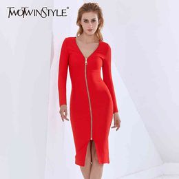 TWOTWINSTYLE Red Slim Sexy Dress For Female O Neck Long Sleeve High Waist Backless Dresses Women Autumn Fashion Style 210517