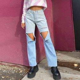 Gradient Ripped Y2K Flare Jeans For Girls Female Fashion Women's Vintage Denim Pants High Waisted Trouser Capri Streetwear 210415