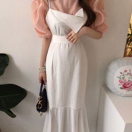 Women White Pleated Neckline Irregular Fishtail Dress Sling Sleeveless Fashion Casual Spring Summer 16F0687 210510