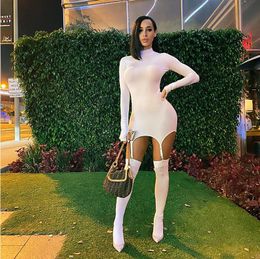 Solid Bodycon Garter Women Mini Dress with Stocking Long Sleeve Sexy Clubwear Skinny Party Dresses Autumn 2021 Slim 011908 2pcs