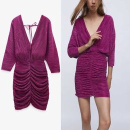 Za Mini Ruched Dress Women Sexy Backless Party Dresses Chic V-neck Long Sleeve Elastic Waistband Back Tie Woman Short Dress 210602