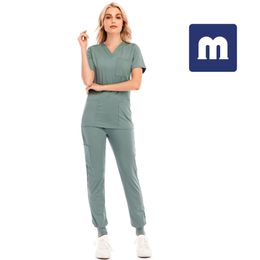 Medigo-012 Women's Two Piece Pants Solid Colour Spa Threaded Clinic Work Suits Tops+pants Unisex Scrubs Pet Nursing hospital Uniform Suit