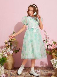 Girls Peter-pan Collar Puff Sleeve Allover Floral Print Mesh Overlay Belted Dress SHE