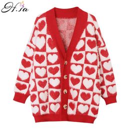 H.SA Women Spring Long Cute Pink Heart Loose Oversized Single Breasted Cardigans Poncho Knit Jacket 210417