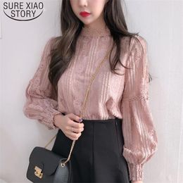 Blusas Mujer De Moda Ladies Long Sleeve Lace Blouse Shirts Women Tops Spliced Solid Stand Vintage Pink Clothes 6899 50 210506