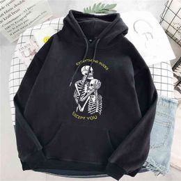 Punk style women's hoodie skull long sleeve casual top goth skeleton dark black loose ulzzang fashion sweatshirt 210809