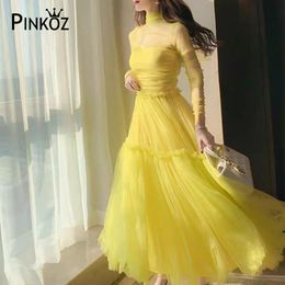 runway designer style yellow mesh ruched stand collar tops pullover midi high waist A-line skirt two pieces set women za 210421