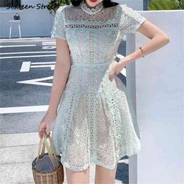 Green Lace Summer Dress Woman High Waist O-neck Hollow Out Vestido Clothing Vintage Streetwear Mini Dresses Female 210603