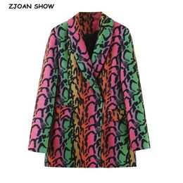 Spring Women Rainbow Pattern Print Hit Colour Blazer Lapel Long Sleeve Loose Fit Jacket Fashion Tide 210429