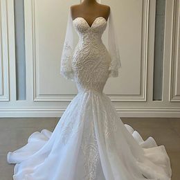 3D Floral Appliques Mermaid Wedding Dress Sheer Sweetheart Neck Long Sleeve Bridal Gowns robes de mariée Lace Beading Bride Dresses