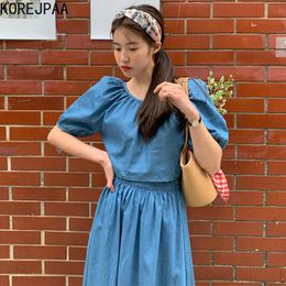 Korejpaa Women Set Summer Korean Chic Simple Solid Colour Round Neck Loose Puff Sleeve Short Shirt High Waist Pleated Skirt 210526