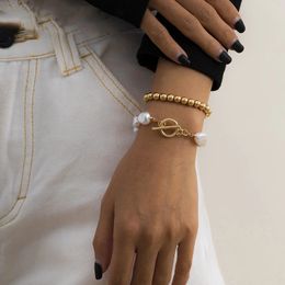 2Pcs/Set Bohemian Trendy Baroque Pearl Bracelets Hand Simple Cute Bead Boho Charm Bangle Bracelet for Women Jewellery Accessories