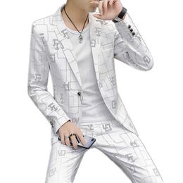 Men's Suit Jacket Autumn Slim Fit One Button Blazer Fashion New Formal England Male Plaid Dress Coat Trousers Pants 2 Pieces Set X0909