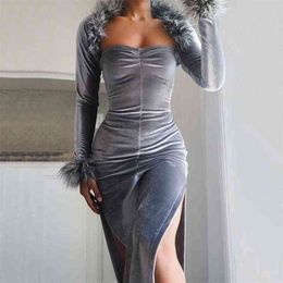 Women Elegant Party Banquet Maxi Dress Autumn Winter Solid Grey Long Sleeve Plush Two Side Split Sexy Slim Vestidos Female 210517