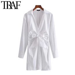 TRAF Women Chic Fashion With Knotted Pleated White Mini Dress Vintage Long Sleeve Size Zipper Female Dresses Vestidos 210415