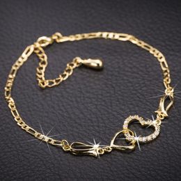 Charm Bracelets Fashion Hollow Out Double Heart Bracelet Gold Plated Shiny Zircon Romantic Promise Girl Jewellery Valentine's Day Gift