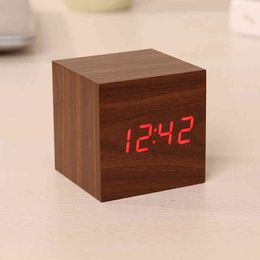 Mini Sounds Control Modern Wood Digital LED Desk Alarm Bedside Clock Calendar Table Decor 210414