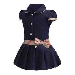 2020 New Summer&Autumn Blue Dress With Plaid Bow for Girls Elegant Party Dress for Children Girls Khaki Dress for Kids Q0716