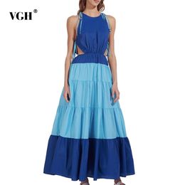 Elegant Hit Colour Dress For Women O Neck Sleeveless High Waist Hollow Out Patchwork A Line Maxi Dresses Females Summer Style 210531