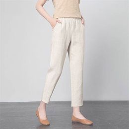 Spring Summer Korean Fashion Women Pants Plus Size Elastic Waist Loose Harem all-matched Casual Cotton Linen D165 210512