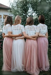 Two Pieces Wedding Party Dress 2021 A Line Crew Neck Pearl Pink Blush Bridesmaid Dresses Lace Bodice Beach Garden Honour of Maid Formal Event Short Sleeve Floor Length