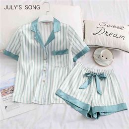 JULY'S SONG Women Pyjamas Set 2 Pieces Stripe Faux Silk Pajamy Suit Cute Simple Casual Sleepwear Short Sleeves Shorts For Female 210830