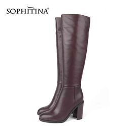 SOPHITINA Special Solid Boots High Quality Sheepskin High Square Heel Round Toe Fashion Zipper Shoes Women's Boots PC213 210513