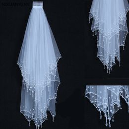 BlingBling White Ivory 80CM Short Bridal Veils Crystal Rhinestone Sequin Pearls Edge 2T Wedding Veils with Comb Hot Accessories X0726