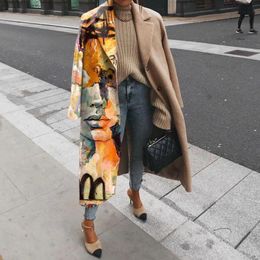Women's Wool Abstract Pattern Printed Midi Overcoat Long Sleeve Lapel Collar Oversize Coat Elegant Fashion Female Autumn Cardigan Coats