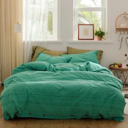 Bedding Sets Washed Cotton Jacquard Four Piece Set Simple Button Quilt Cover Solid Color Sheet Fitted Three