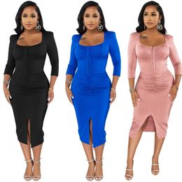 Zoctuo Zipper Pleated Dresses For Women Sexy Party Night SIim Solid Slit Long Sleeve Maxi Dress Square Collar Fashion Vestidos Y1006