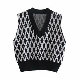 Vintage Women Loose Argyle Vest Sweaters Spring-Autumn Fashion Ladies Chic Knitted Waistcoats Casual Sweet Knitwear 210427