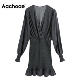 Aachoae Solid Color Sexy Party Mini Dress Women V Neck Ruffles Bodycon Dress Ladies Chic Long Sleeve Dresses Vestidos Mujer 210413