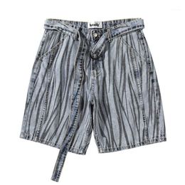 Men's Jeans KIOVNO Men Stripe Printed Cotton Denim Shorts Hip Hop Streetwear Washed For Male Loose Fit