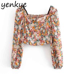 Multicolor Ink Print Crop Top Women Long Sleeve Square Neck Short Blouse Holiday Summer Tops Fashion Lady Chiffon OMZZ6969 210514