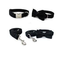 Black Velvet Pet Collar Leash Set Bow Metal Buckle Dog Collars Leashes Bulldog Chihuahua Puppy Supplies
