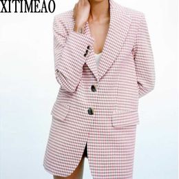 ZA Women Fashion Single Breasted Blazers Pink Plaid Coat Vintage Long Sleeve Female Outerwear And High Waist Short Skirt 210602