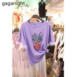 Purple Lace Patchwork Tshirt Pineapple Sequins Bling T Shirts Short Sleeve Summer Fashion Lady Chic Korean Tops 210601
