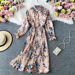 Neploe Stand Collar Chiffon Print Dress Women Summer New Elegant Slim Fit Pleated Dresses Chic Button Big Swing Vestidos 210423