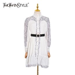 TWOTWINSTYLE Elegant Printed Dress For Women Turtleneck Long Sleeve High Waist With Sashes Midi Dresses Female Autumn Fashion 210517