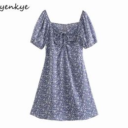 Blue Floral Print Dress Women Sexy Drawstring V Neck Short Sleeve Vestido Mujer A-line Mini Holiday Summer 210514