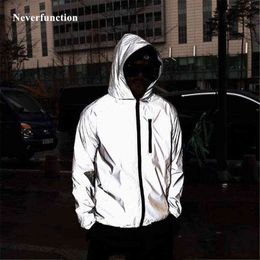 Plus Size 4XL Men Spring Autumn full reflective Windbreaker waterproof Jacket male High street hip hop Loose Hooded Coats 211110