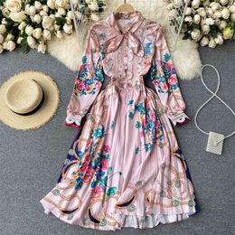 Women Fashion Bohemian Retro Court Print Bow Long-sleeved Slim High-waisted Dress Elegant Clothing Vestidos R507 210527