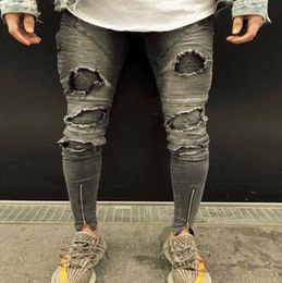 Drop Knee Ripped Jeans Men Super Skinny Ankle Zipper Elastic Pant Designer Brand Clothing Street