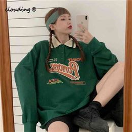 Oversized Letter Print Polo Collar Women Hoodies Korean Trendy Autumn Causal Long Sleeve Sweatshirt Loose Harajuku Top 210805