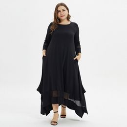 Women plus size women's 3/4 sleeve mesh round neck stitching slit Muslim dress 210415