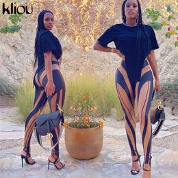 Kliou Striped Hipster Leggings Women Summer Medium Waist Patchwork Trousers Body-shaping Active Party Streetwear Skinny Pants 211215