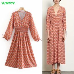 Fashion Orange Print Midi Dress Women Slim Elastic Waist Party Woman Summer Gowns Long Sleeve Bow Ladies Vestidos 210430