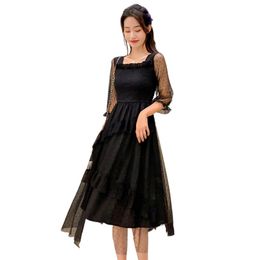 Fashion women's dress summer style three-quarter sleeve lace with waist and thin temperament 210520